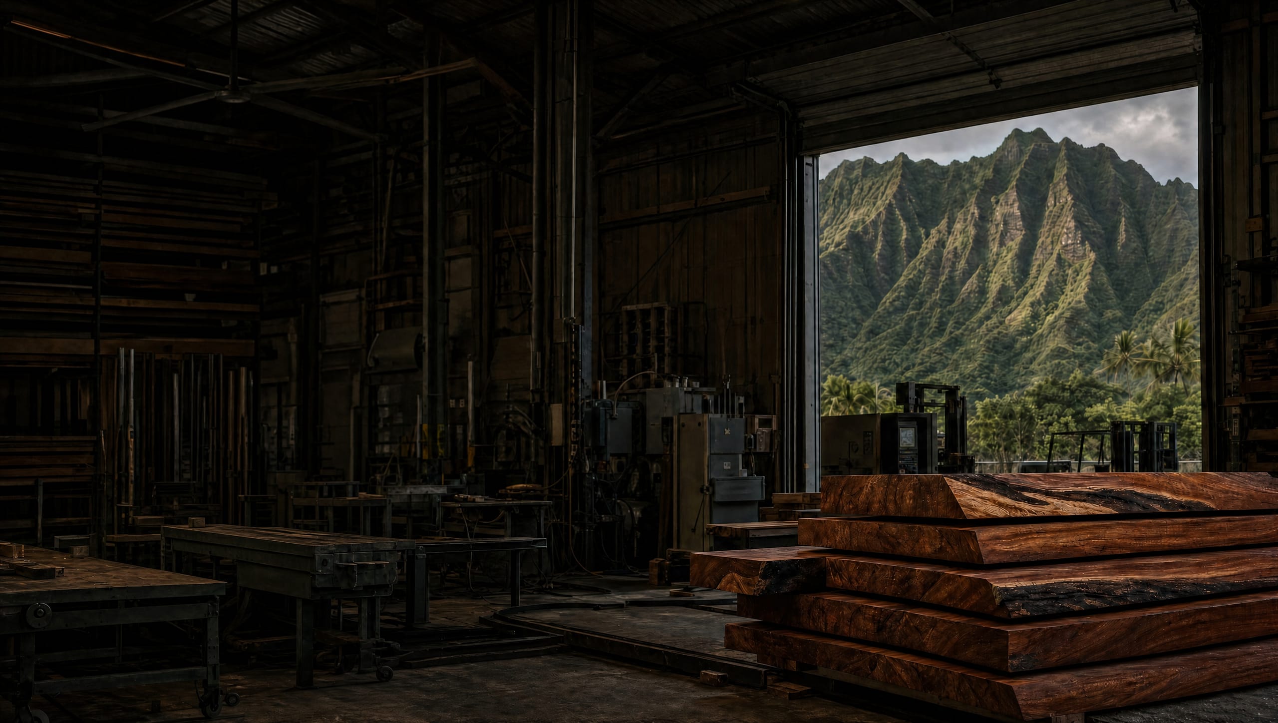 Arch Hawaii fabrication shop — koa slabs and the Koʻolau ridge through the bay door